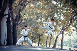 dwie osoby walczące taekwondo na ulicy