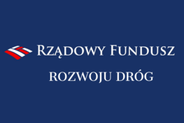 granatowe tło logo i biały napis  Rządowy Fundusz Rozwoju Dróg