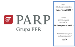 białe tło czerwone logo i napis PARP GRUPA PFR składanie wniosków od 10 czerwca koniec składania wniosków 30 listopada 2022 