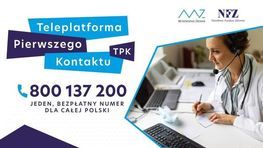 logo ministerstwa zdrowia i narodowego funduszu zdrowia, kobieta rozmawiająca przez słuchawkę, siedząca przy komputerze oraz napis teleplatforma pierwszego kontaktu oraz podany numer telefonu: 800 137 200 pod spodem napis: jeden bezpłatny numer dla całej Polski 