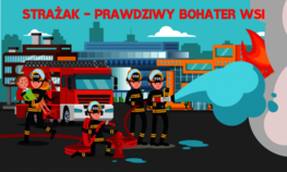 grafika strażaków w akcji gaśniczej i napis strażak prawdziwy bohater wsi