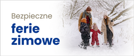 fragment plakatu akcji zdjęcie rodziny i napis Bezpieczne ferie zimowe