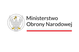 Logo Ministerstwa Obrony Narodowej Polski z białym orłem w koronie na tarczy, otoczone napisem i czerwoną linią poniżej.
