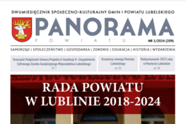 Baner tytułowy czasopisma "Panorama" z logotypem i informacjami o wydaniu. Czerwono-czarny projekt z białym tekstem i herbem gminy.