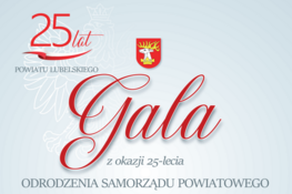 Tekst "25 lat Gala z okazji odr. samorządu powiatowego" z grafiką herbu i dekoracyjnymi elementami na jasnym tle.