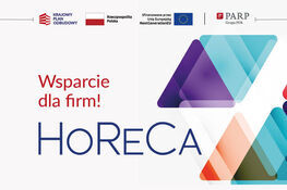 Grafika informacyjna z napisem "Wsparcie dla firm! HORECA" w centralnej części. Górna i dolna część zawierają logotypy różnych polskich instytucji i programów. Dominują kolory czerwony i niebieski.