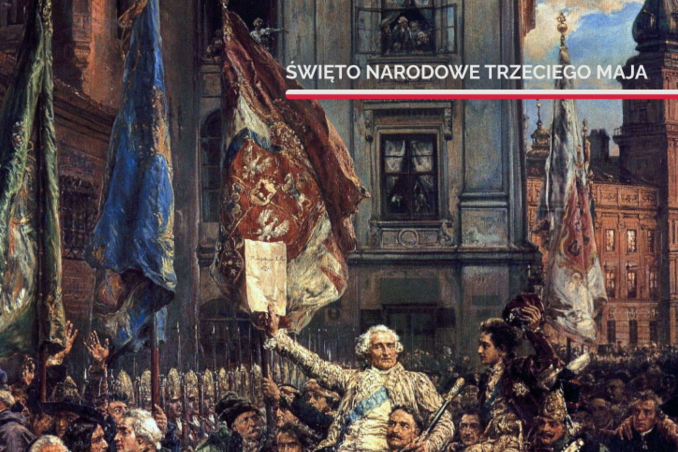 Malowidło przedstawia Konstytucję 3 Maja 1791 roku z tłumem ludzi, wznoszących ręce w geście aprobaty i postaciami w strojach z epoki, świętujących na tle klasycznej architektury.