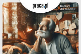 Starszy mężczyzna z brodą uśmiecha się, trzymając kontroler do gier, siedząc w przytulnym pokoju z kotem obok, przy grafice konkursowej "praca.pl".