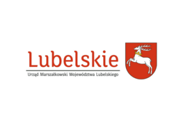 Logo Urzędu Marszałkowskiego Województwa Lubelskiego z białym jeleniem na czerwonym tle i napisem "Lubelskie" w kolorze czarnym.