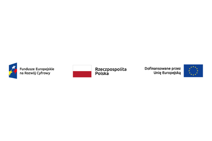 Na zdjęciu znajdują się trzy loga. Po lewej stronie logo "Fundusze Europejskie na Rozwój Cyfrowy", po środku logo "Rzeczpospolita Polska", po prawej logo "Dofinansowane przez Unię Europejską".