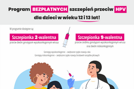Grafika informacyjna o bezpłatnych szczepieniach przeciw HPV, z postaciami kreskówkowymi: dziewczynką, chłopcem i lekarką trzymającą strzykawkę, oraz tekstami i ikonami wirusów.