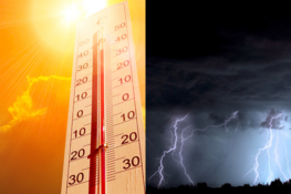 Opis 1: Termometr w pełnym słońcu pokazujący wysoką temperaturę.
Opis 2: Nocne niebo rozświetlone błyskawicami podczas burzy.