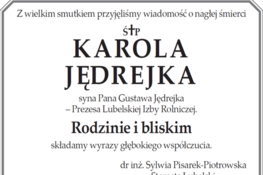 Nekrolog z tekstem wyrażającym smutek po śmierci Karola Jedrejka, z dodanym imieniem i nazwiskiem autora kondolencji oraz logiem instytucji.