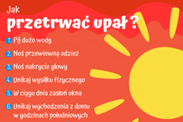 Grafika informacyjna z wskazówkami na temat przetrwania upału z ilustracją słońca, fal i czerwonego tła. Zawiera tekst i 6 punktów, m.in. "Pij dużo wody".