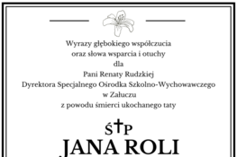 Obraz przedstawia czarno-białą kondolencję z tytułem "Wyrazy głębokiego współczucia oraz słowa wsparcia i otuchy" skierowaną do Ośrodka Szkolenia i Wychowania w Raducz z powodu śmierci Jana Roliego.