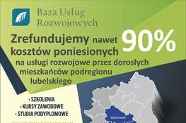 Plakat promocyjny Bazy Usług Rozwojowych z mapą Polski, informacjami o szkoleniach i kursach, kontaktami, i graficznymi elementami w kolorach niebieskim i żółtym.