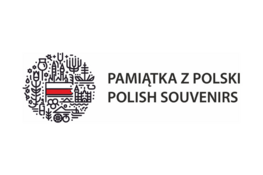 Logo z napisem "Pamiątka z Polski - Polish Souvenirs" z ikonami kultury polskiej wokół flagi Polski.