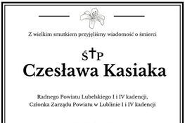 Opis alternatywny: Zdjęcie czarno-białej kartki z kondolencjami. W górnej części ilustracja lilii, poniżej tekst wyrażający smutek i kondolencje z powodu śmierci Czesława Ksiąka.