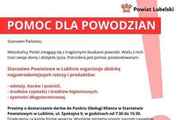 Na grafice przedstawiono plakat z informacją o zbiórce pomocy dla powodzian w powiecie Lubelskim, zawierającym szczegóły dotyczące daty, miejsca i potrzebnych artykułów.