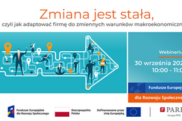 Plakat informacyjny o webinarze z ilustracją, tytułem "Zmiana jest stałą" i detalami wydarzenia, datą i czasem oraz logotypami: Fundusze Europejskie, Polska i PARP.