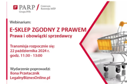 Plakat webinarium "E-sklep zgodny z prawem" z datą i godziną, organizowany przez PARP, z wózkiem na zakupy umieszczonym na klawiaturze komputera.