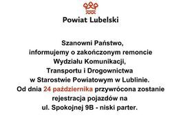 Zdjęcie przedstawia informację o zmianie lokalizacji Starostwa Powiatowego w Lublinie związanej z wydziałami Komunikacji, Transportu i Drogownictwa, teraz znajdującą się na ulicy Spadochroniarzy.