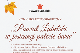 Plakat promujący "Powiat Lubelski" z grafiką złożoną z żółto-pomarańczowych liści i informacjami o konkursie fotograficznym dotyczącym jesieni.