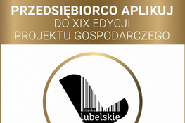 Logo projektu "marka lubelskie" z czarnym kształtem wskazującym na mapę regionu Lubelskiego w złotym kole, informacja o naborze do projektu do listopada 2024.