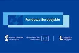 Niebieska grafika promocyjna z napisem "Fundusze Europejskie dla Lubelskiego 2021-2027" oraz logotypami UE i symbolami finansowania.