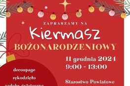 Opis alternatywny: Plakat zapraszający na Kiermasz Bożonarodzeniowy w Starosłoniowicach 11 grudnia 2021, z grafiką świąteczną, informacjami o lokalizacji i atrakcjach takich jak ozdoby decoupage czy świeczki. Na dole zdjęcie uśmiechniętego dziecka w niebieskiej czapce.