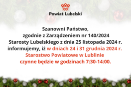 ZARZĄDZENIE NR 140/2024
STAROSTY LUBELSKIEGO
z dnia 25 listopada 2024 r.