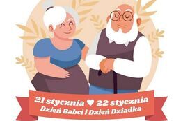 Ilustracja starszej pary trzymającej się za ręce na tle liści. Napis: "21 stycznia - Dzień Babci, 22 stycznia - Dzień Dziadka". Logo Powiatu Lubelskiego w lewym górnym rogu.