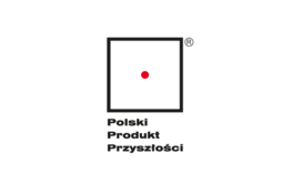 Logo przedstawia czarny kwadratowy kontur z czerwoną kropką pośrodku na białym tle. Pod spodem widnieją napisy: "Polski Produkt Przyszłości".