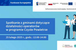 Plakat promujący spotkanie o programie "Czyste Powietrze" z datą 25 lutego 2025. Na środku stoi cztery osoby z symbolami ekologicznymi. U góry logotypy organizatorów, na dole szczegóły wydarzenia.