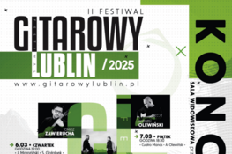 Plakat promujący II Festiwal Gitarowy w Lublinie 2025. Widoczni artyści: Tomasz Zawierucha, Cuatro Manos, Andrzej Olewiński. Informacje o datach i godzinach występów: 6-7 marca. Tło z geometrycznymi wzorami.