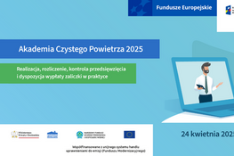 Grafika promująca szkolenie online "Akademia Czystego Powietrza 2025". Zawiera ilustrację ludzi przy komputerze oraz datę: 24 kwietnia 2025, godz. 10:00-12:00. W tle logotypy sponsorów.