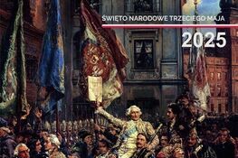 Wydarzenie z okazji Święta Narodowego Trzeciego Maja 2025. Obraz przedstawia historyczną scenę z tłumem ludzi. Na pierwszym planie grupa postaci zwraca się do mężczyzny siedzącego na koniu.