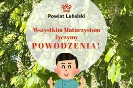 Ilustracja przedstawia napis "Powiat Lubelski Wszystkim Maturzystom życzymy powodzenia!" na tle zielonego liścia kasztanowca. Na dole znajduje się rysunkowa postać chłopca.
