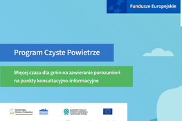 Ilustracja przedstawia dwóch mężczyzn w garniturach ściskających sobie ręce na tle zegara. Powyżej widnieje tekst "Program Czyste Powietrze". Na górze są logotypy Funduszy Europejskich i sponsorów.
