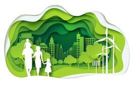 Ilustracja przedstawia rodzinę w bieli spacerującą po zielonym krajobrazie z drzewami i nowoczesnymi budynkami w tle. Po prawej stronie znajdują się turbina wiatrowa i panel słoneczny, symbolizując zrównoważony rozwój.