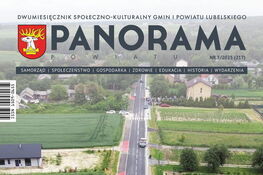 Okładka magazynu "Panorama Powiatu" przedstawia nową drogę otoczoną zielenią i polami. Widoczne są wyraźne linie jezdni, ścieżki dla pieszych oraz nowoczesna architektura. Na dole znajduje się tekst o inwestycji drogowej.