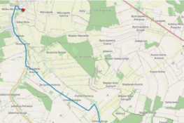 Mapa przedstawia trasę nawigacyjną biegnącą od Wólki Abramowskiej do Krzczonowskiego Parku Krajobrazowego. Szlak wiedzie przez Żabią Wolę, Ciechanki i Wolicę. Po drodze mijane są miejscowości i tereny zielone.