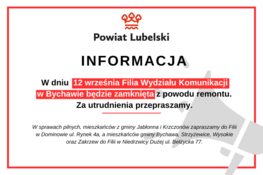 Informacja o zamknięciu Filii Wydziału Komunikacji w Bychawie z powodu remontu, 12 września. Podano alternatywne lokalizacje dla mieszkańców gminy Jabłonna, Krzczonów i okolic.
