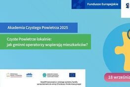 Grafika promująca wydarzenie "Akademia Czystego Powietrza 2025". Zawiera datę, 18 września 2025, oraz godzinę 10:00. Jest ilustracja ludzi, znak procentu i soczewka. Kolory: niebieski, zielony, żółty.