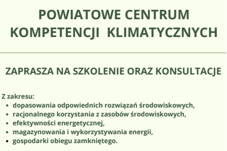 POWIATOWE CENTRUM KOMPETENCJI KLIMATYCZNYCH ZAPRASZA NA SPOTKANIE SZKOLENIOWE MIESZKAŃCÓW