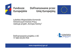 Plansza informująca o projekcie "Kompas Kariery" realizowanym przez Lubelską Wojewódzką Komendę OHP z dofinansowaniem UE. Zawiera logotypy Funduszy Europejskich, UE i województwa lubelskiego.