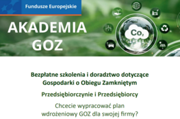 Plakat promujący Akademię GOZ z grafiką szkła laboratoryjnego i listkami. Zawiera informacje o bezpłatnych szkoleniach online dotyczących gospodarki obiegu zamkniętego. Spotkanie 22.10.2025 o godz. 13:00.