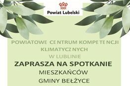 Plakat informuje o spotkaniu mieszkańców gminy Bełżyce 15.10.2025 o godzinie 9:30 w Miejskim Domu Kultury. Tematy: ekologia, zasoby, oszczędzanie energii. Projekt "Dobry klimat w Powiecie Lubelskim".