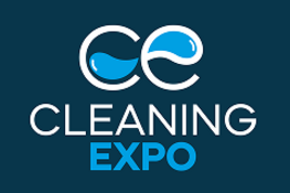 Logo targów Cleaning Expo z napisem: "Targi profesjonalnego utrzymania czystości". Na ciemnym tle widnieje biały tekst i stylizowane litery "CE" z niebieskimi elementami przypominającymi krople wody.