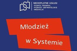Plakat promujący program „Młodzież w Systemie Nieodpłatnej Pomocy”. Na niebieskim tle widoczne są trzy kolorowe prostokąty z napisami, u góry znajdują się ikony i informacje kontaktowe.